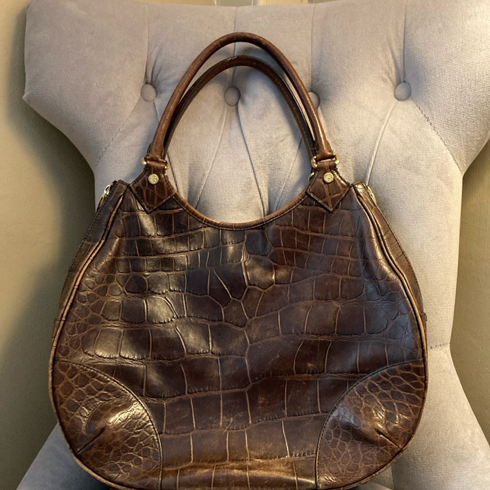 Brooks Brothers Brown Genuine Leather Crocodile-Embossed Women's Bag